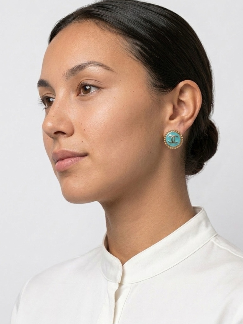 Upcycled Button Earrings – Aqua & Gold Edition earring studs - Picture 4 of 4